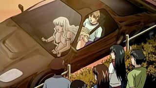 Auto-asylum hentai: Unbridled orgy in an open-air garage with subservient submissives