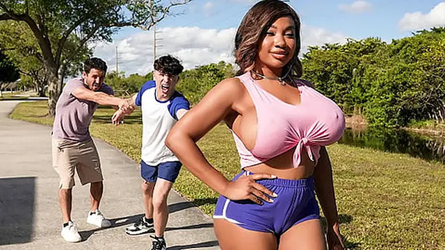 Busty Tiamaria′s Oily Threesome with Two Stalkers!