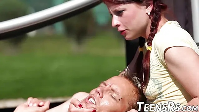 Petite teens tease naked guy at the pool before fucking them