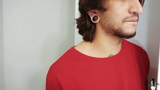 My girlfriend's stepbrother spies on us while we have sex in the kitchen and I seduce him to fuck me too
