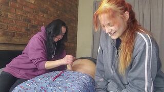 Two shy girls playing with my massive cock