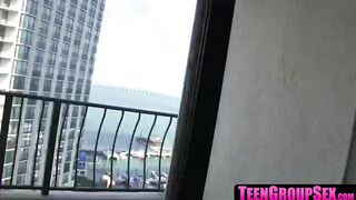Cute teens have wild fuck fest with lucky stud