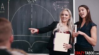 Horny teachers fucks naughty colleague after he masturbated in classroom