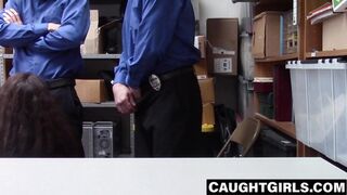 Teen servicing two guards for cum tasting fun