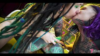 Two tattooed babes get their holes gaped wide with big toys