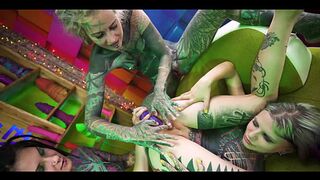 Tattooed girl gets her ass filled with cum —  compliments of punk girls