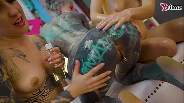 Lesbian Oil Threesome and Anal Stretching with Metal Dildo - Oil Fetish Lesbians with Morea Black & Anuskatzz