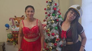 The best Christmas threesome - Two horny stepdaughters celebrate Christmas by fucking their perverted stepfather for Christmas presents